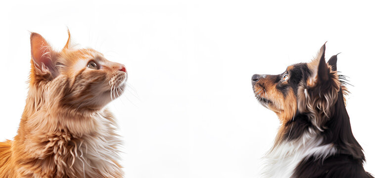 banner with a cat and a dog looking up on a white background. banner. free space. space for text