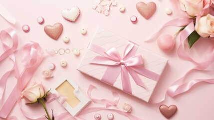 A charming pink flat lay featuring lollipops, roses, and heart-shaped trinkets, creating a romantic and delicate Valentine's Day theme.