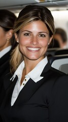 Smiling woman in a black blazer and white shirt. She looks like a flight attendant.