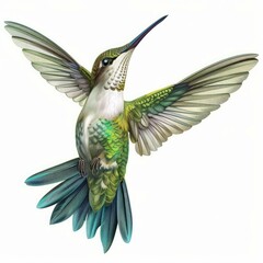 Obraz premium Beautiful hummingbird hovering with open wings, showing its colorful plumage on a white background