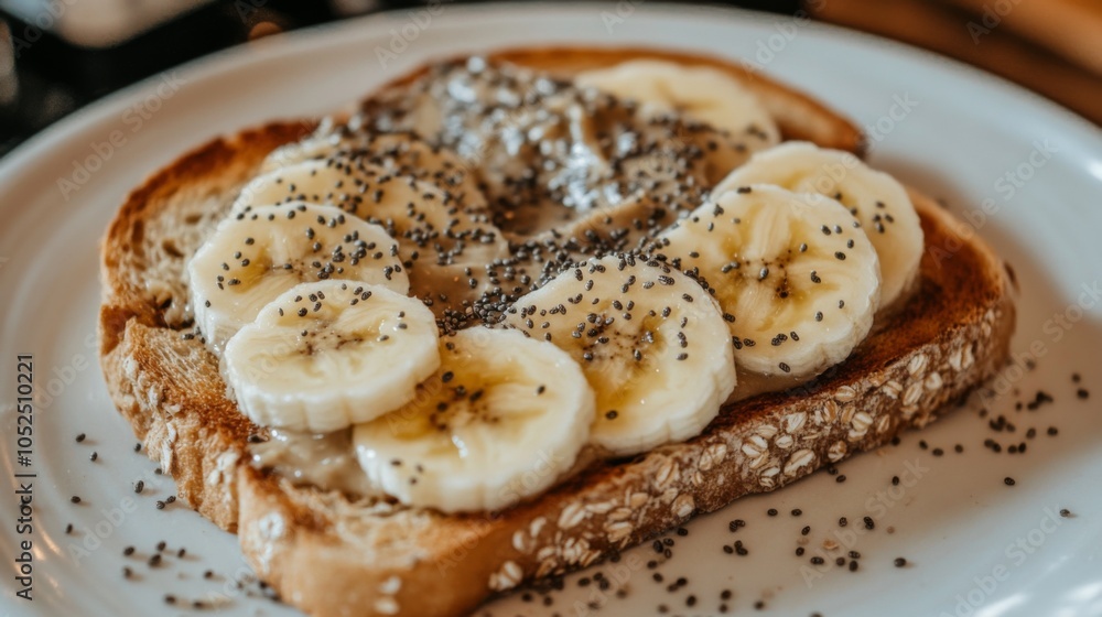 Poster toast with banana and chia seeds on a plate