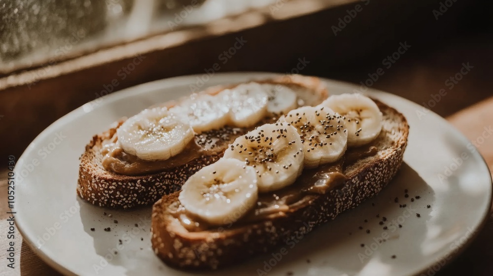 Poster toast with banana and nut butter on plate