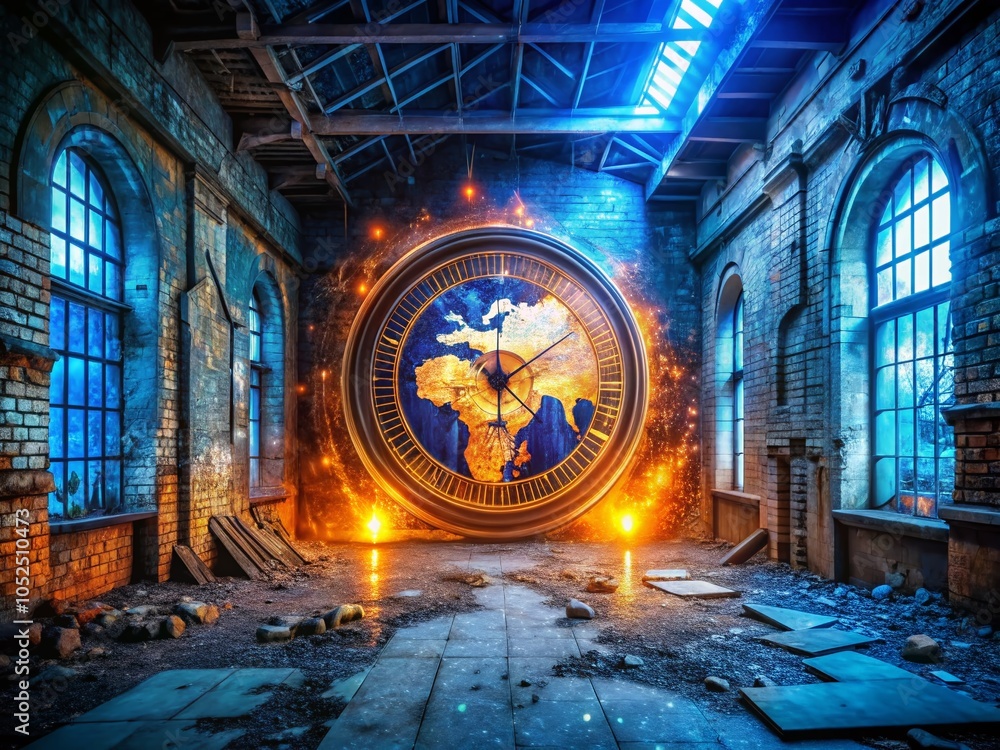 Poster urban exploration: glowing blue and orange clock surrounded by binary code and world map