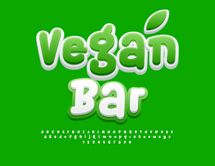 Vector advertising poster Vegan Bar. Creative white and Green Font. Funny Bright Alphabet Letters and Numbers set.