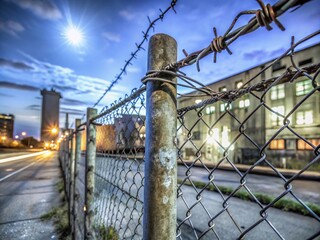 Urban Exploration: Metal Fence with Barbed Wire Against a Grungy Wall for Industrial Photography
