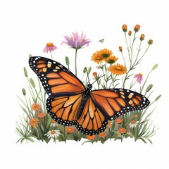 Obraz premium Beautiful monarch butterfly with open wings resting on wildflowers in a summer meadow