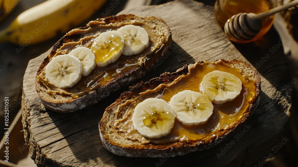 Poster delicious peanut butter toast with banana slices