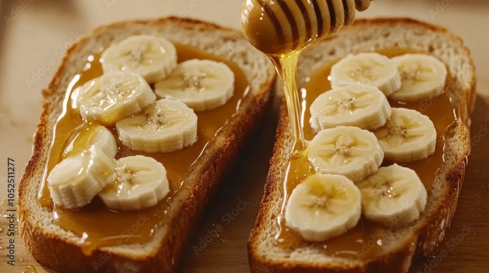 Poster delicious toast with banana and honey drizzle