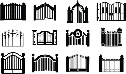 Set of gate icon or fence vector silhouette illustration on white background