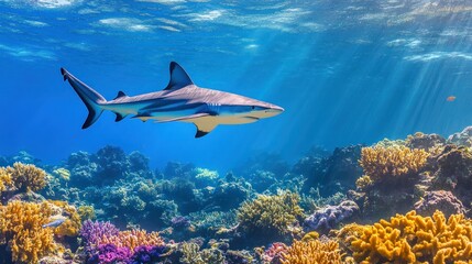 A grey reef shark swims over a colorful coral reef in a clear blue ocean.