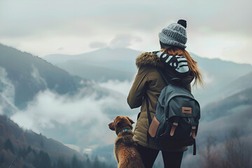 A young happy girl with a backpack and her faithful dog standing on top of a high mountain against a backdrop of other mountains. Autumn, fog