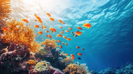Obraz premium A vibrant coral reef teeming with life, bathed in sunlight, showcasing the beauty of the underwater world.