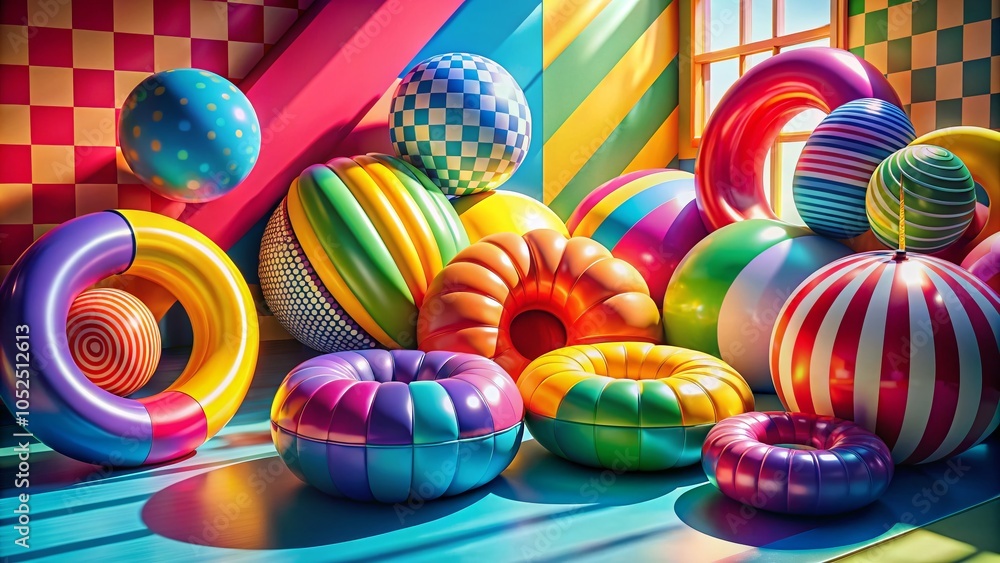 Poster vibrant 3d abstract illustrations featuring colorful inflatable objects in dynamic arrangements