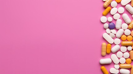 Obraz premium A colorful array of pills and capsules is strewn across a pink surface, representing diversity in medicine and health.