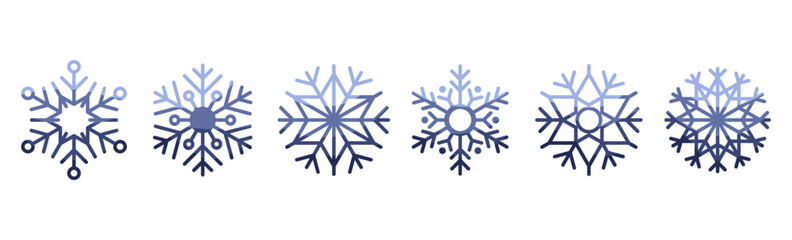 Collection of icons in the form of snowflakes in blue gradient. Set of linear icons of snowflakes of different shapes on a white background. Clip art for the design of New Year and Christmas designs.