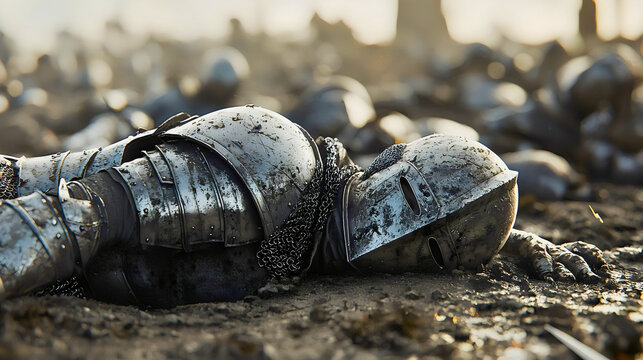 A knight who lost his life in a great and merciless war, fallen on the battlefield, lying motionless and lifeless in a graveyard filled with knights in his cold armor.