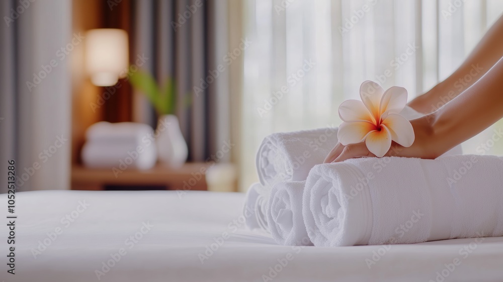 Poster luxurious spa setting with neatly arranged towels and a delicate flower at a tranquil resort in the 