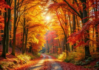 Fototapeta premium Vibrant Autumn Pathway in a Forest Surrounded by Colorful Leaves