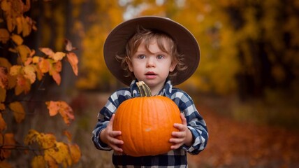 Fototapeta premium A young child holds a pumpkin and wears a hat, perfect for Halloween or autumn themes