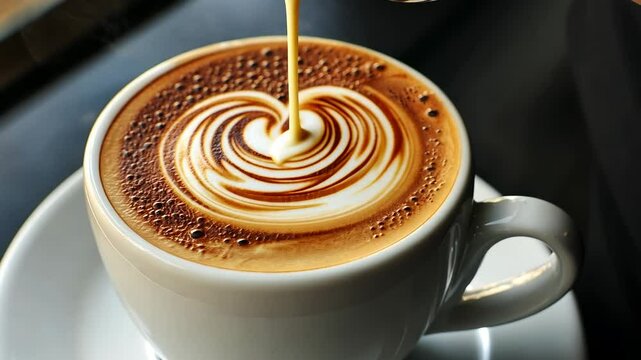 A cup of cappuccino with latte art being created on top, a perfect swirl forming.