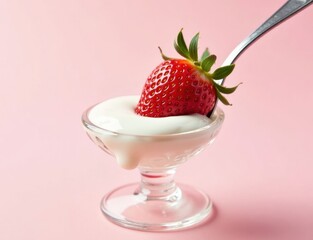 strawberry close-up in a glass saucer yogurt sour cream
