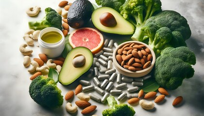 A health focused image showcasing magnesium supplement capsules alongside natural magnesium rich foods