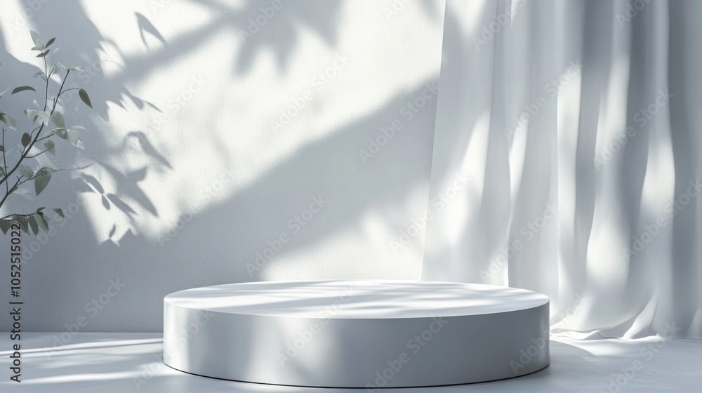 Poster minimalist white circular platform with soft shadows in a serene natural setting