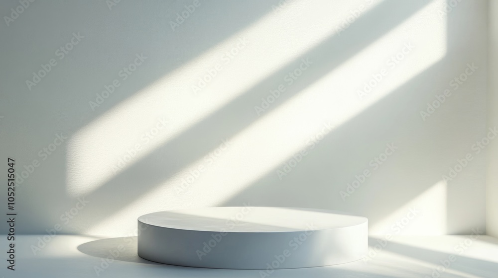 Poster minimalist display platform with soft shadows and natural light in a contemporary space