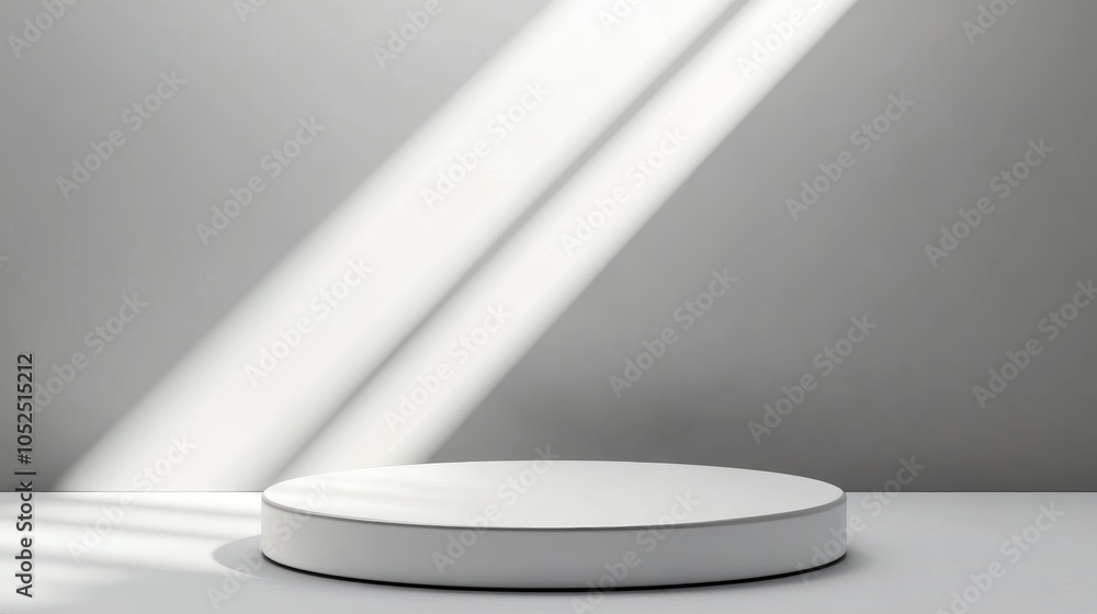 Poster Minimalist display platform with soft light rays illuminating the scene