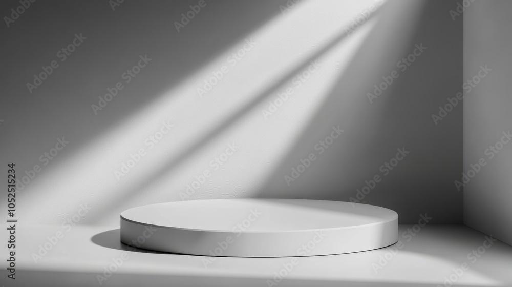 Poster minimalist white circular platform bathed in soft shadows a study in light and form