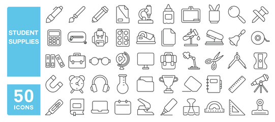 Set of 50 line icons related to student supplies, paper, book, pen, pencil, backpack, paints, ruler, calculator, brush, glue, Editable stroke. Vector illustration