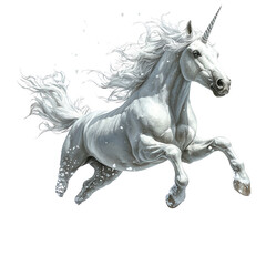 Obraz premium A majestic unicorn leaps gracefully through a magical forest, embodying beauty and wonder with its flowing mane and shimmering horn.