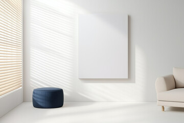 A minimalist living space with a medium blank canvas on a white wall 