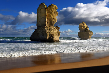 two of the the Twelve Apostles, a collection of limestone stacks off the shore of the Port Campbell...