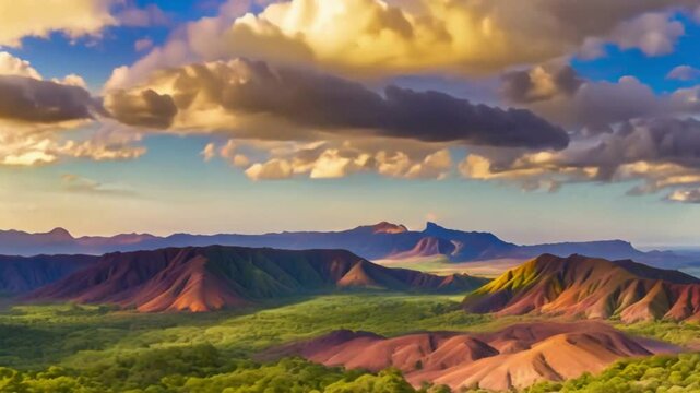 Panoramic shot of the Seven Colored Earths Chamarel national park in the Mauritius Island. Traveling fluffy clouds. Vibrant colors, sand dunes.
