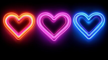 Three neon hearts in vibrant colors against a dark background, symbolizing love and affection.