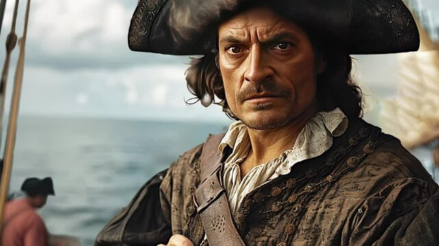 Slow motion Christopher Columbus standing on a ships deck near the ocean during his voyage of discovery