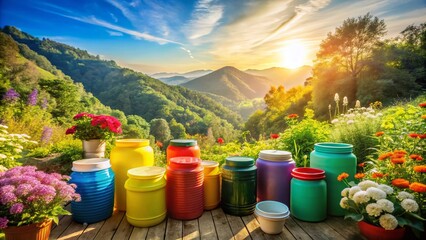 Fototapeta premium Vibrant Landscape with Plastic Blow Molded Containers Amidst Nature - Eco-Friendly Innovation in Modern Design