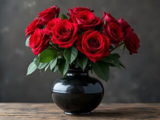 Red roses in a glossy black ceramic vase with green leaves, displayed on a rustic wooden surface against a dark background, highlighting classic floral elegance