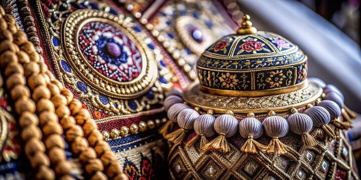 Vibrant Macro Photography of Traditional Juma Mubarak Decorations and Symbols for Spiritual Reflection