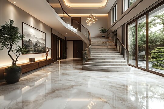 A bright and airy modern foyer with a grand staircase.