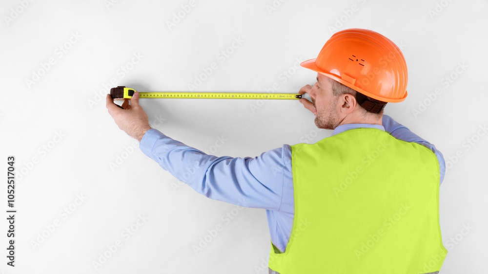 Poster professional builder measuring wall with tape-measure tool standing back to camera over white studio