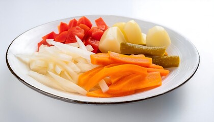  a set of mixed pickles in a plate carrots, Turnip, baby onions, and pepper in a flat white plate