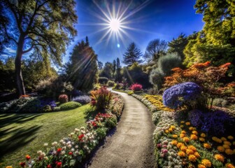 Fototapeta premium Vibrant Path Through a Lush Colorful Garden with Blooming Flowers and Lush Greenery for Nature Lovers and Garden
