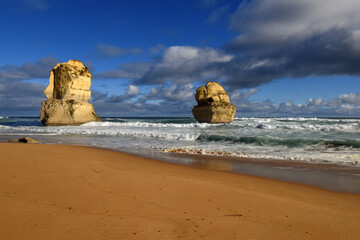two of the the Twelve Apostles, a collection of limestone stacks off the shore of the Port Campbell...