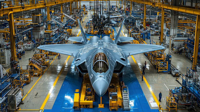 New airplane being built at aerospace factory, secret military aircraft is in assembly shop of plant. Concept of plane, industry, fighter, bomber, war