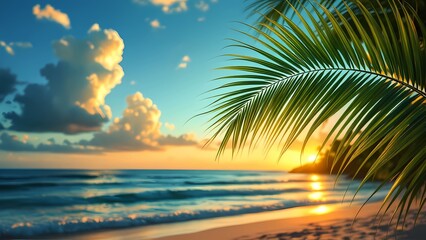 Naklejka premium Palm Leaf at Sunset with Relaxed Mood on Tropical Beach