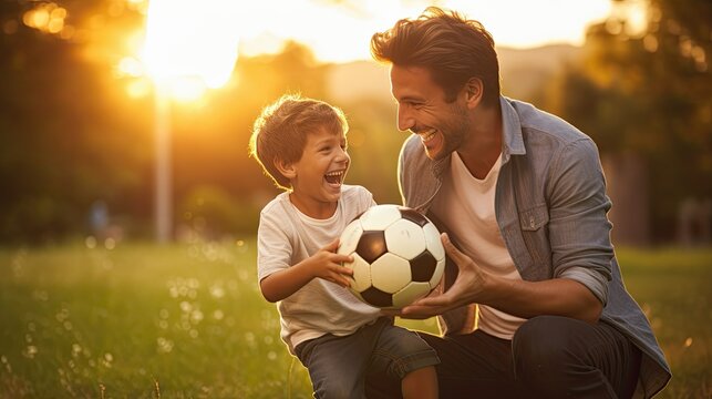 A father and son share a joyful moment, bonding over a soccer ball in a sunny park with golden light surrounding them.