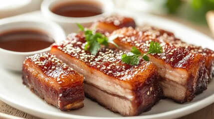 Crispy Pork Belly with Sauce and Green Garnish