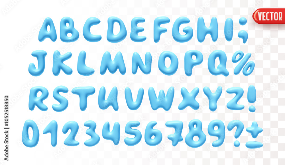 Poster Plastic 3d realistic font liquid shapes blue color. A set of letters and numbers isolated on a white background with a transparency effect. vector illustration